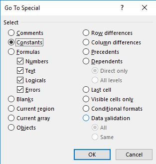 excel 2016 goto special