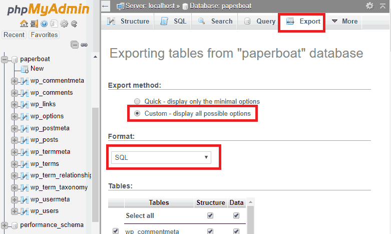 cPanel - Database Export