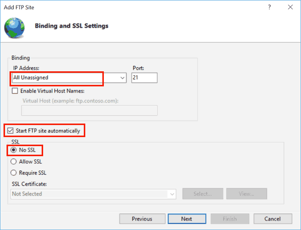 Binding and SSL Settings